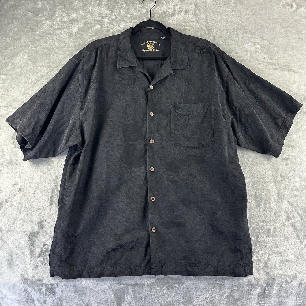 Eagle Dry Goods Co Button Up Shirt Men's XL Black Embroidered Palm Trees Silk